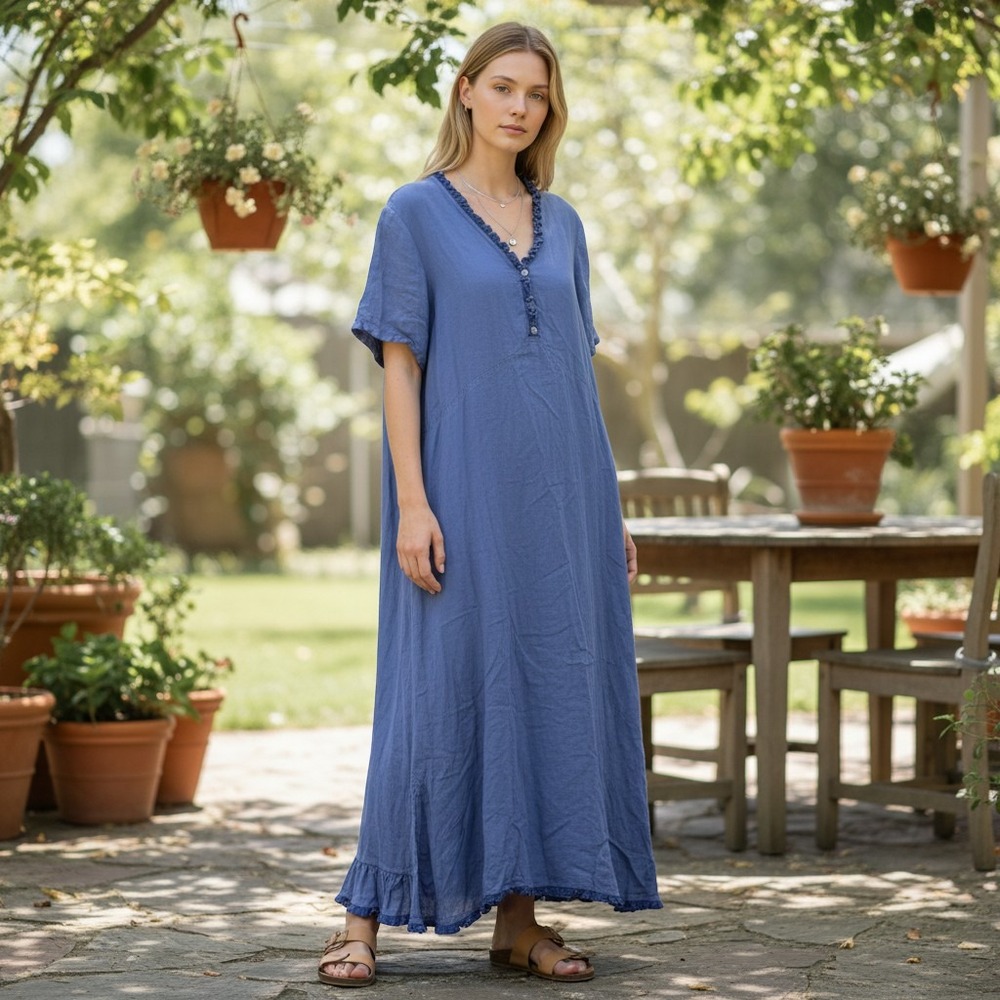 Vintage Russ Berens Malibu Denim Dress Medium Minimalist 90s Coastal Midi Blue
